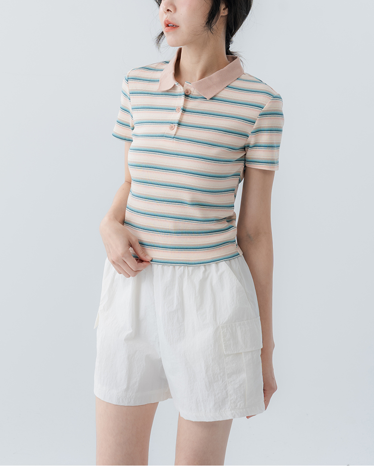 Striped polo collar short-sleeved top in three colors  S/M【01060084】in stock+pre-order