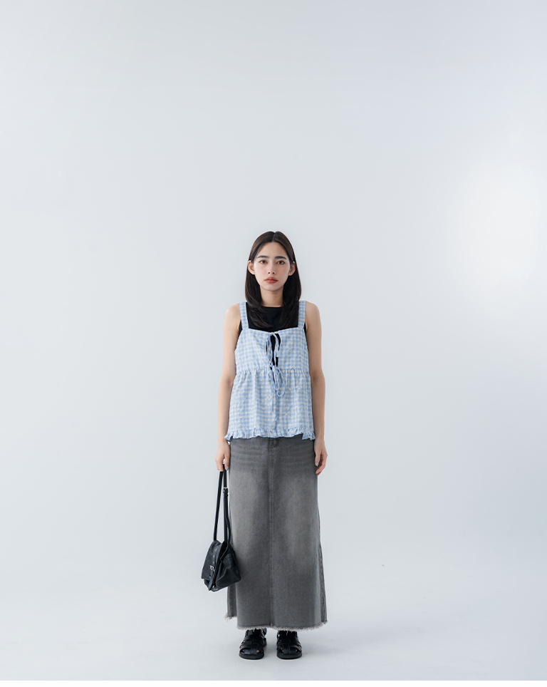 Plaid jacquard tie-up ruffled cover-up vest, available in two colors.【01099634】in stock+pre-order