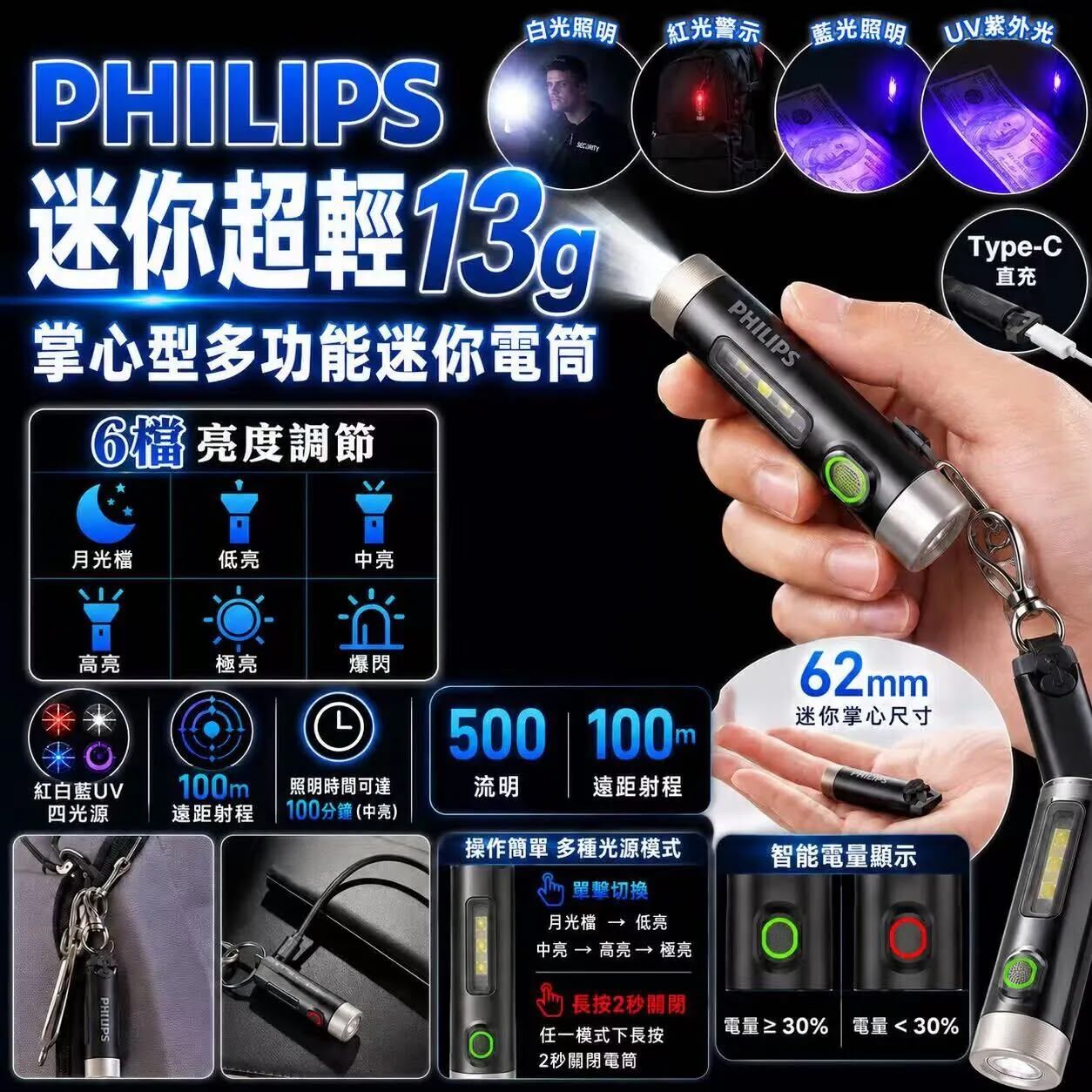 (現貨)Philips 超輕掌心型多功能迷你電筒 13g