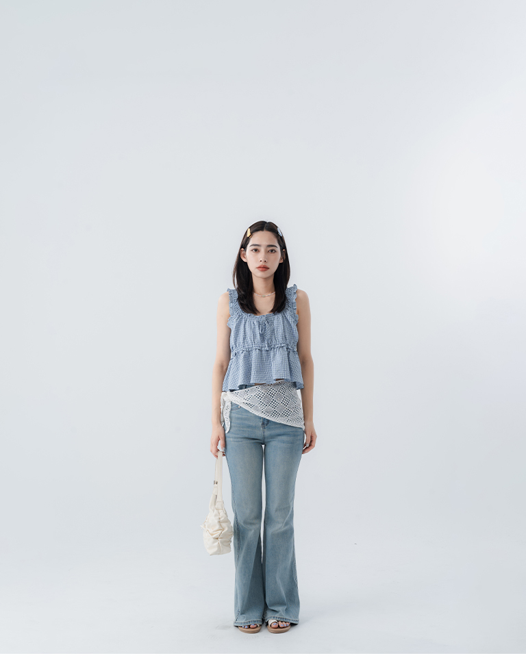 Checkered ruffled tie-up blouse vest - blue【01099800】in stock+pre-order