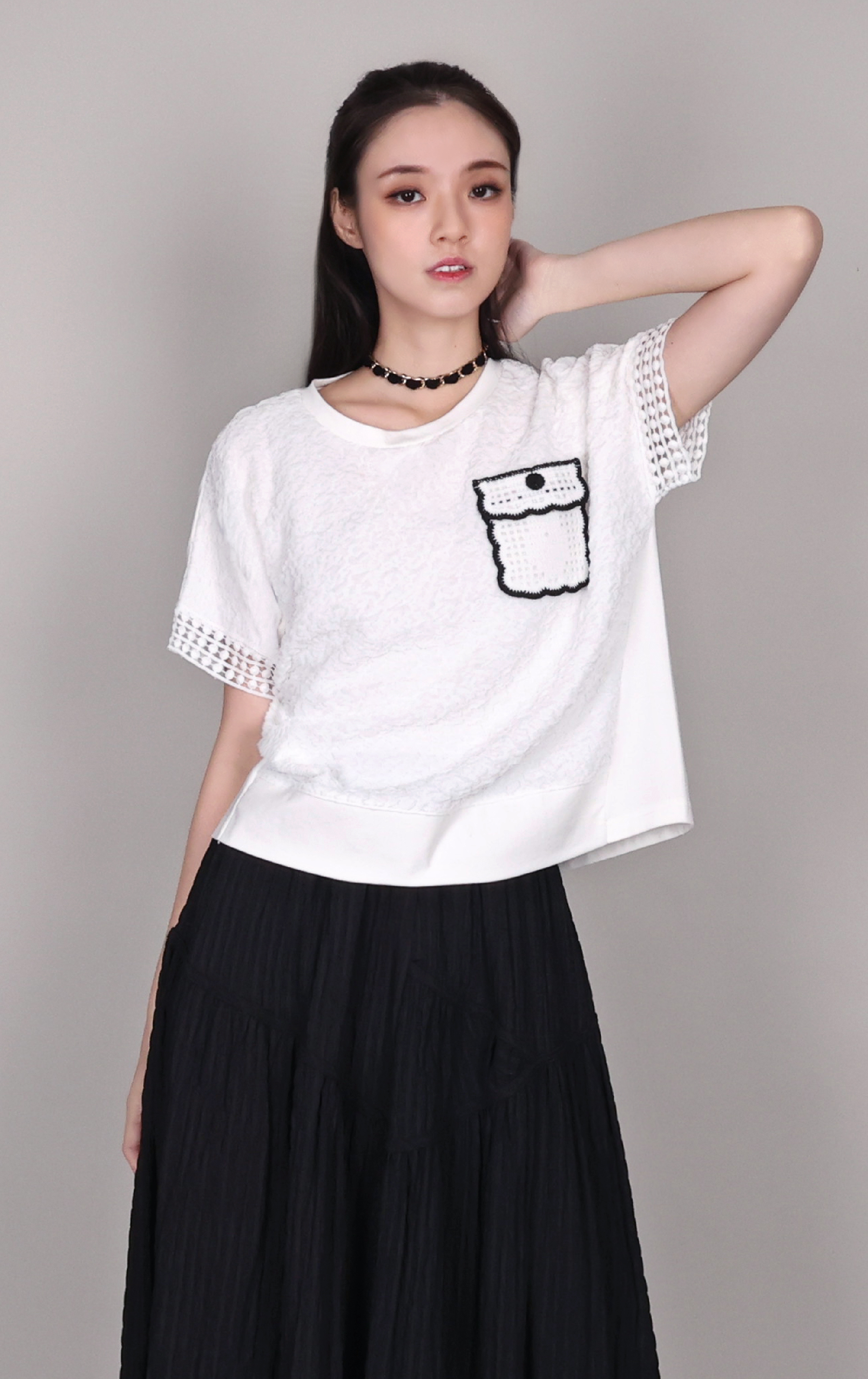 Eyelet Patchwork Textured Pocket Top ST0460