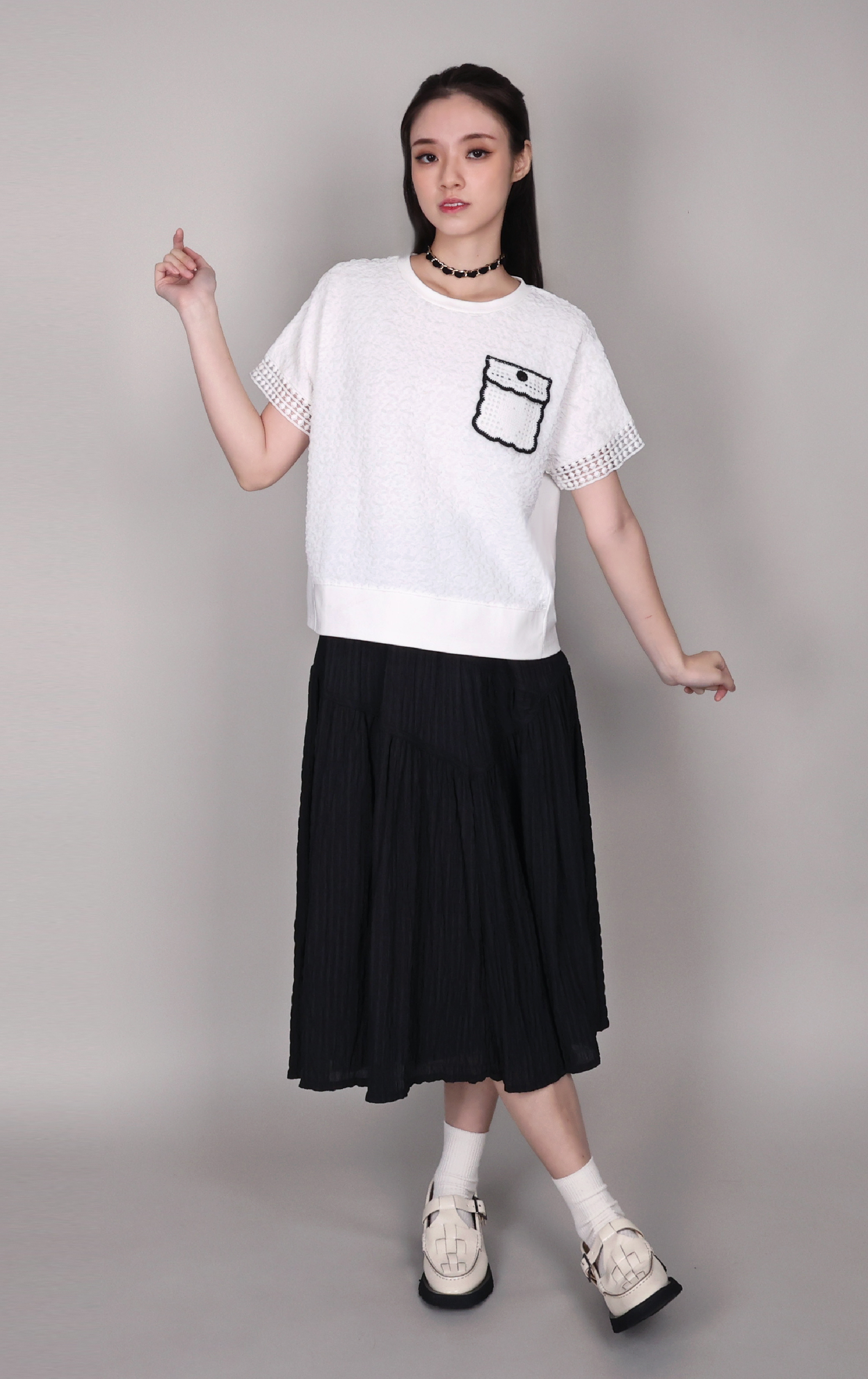 Eyelet Patchwork Textured Pocket Top ST0460