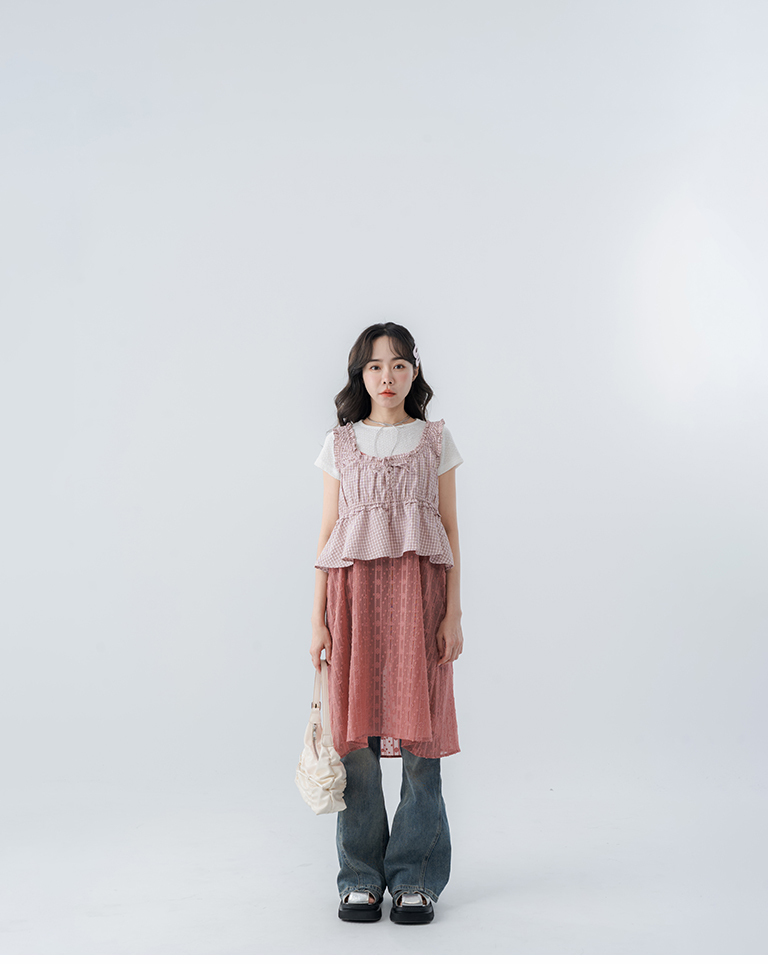 Checkered ruffled tie-up blouse vest - pink【01099801】in stock+pre-order