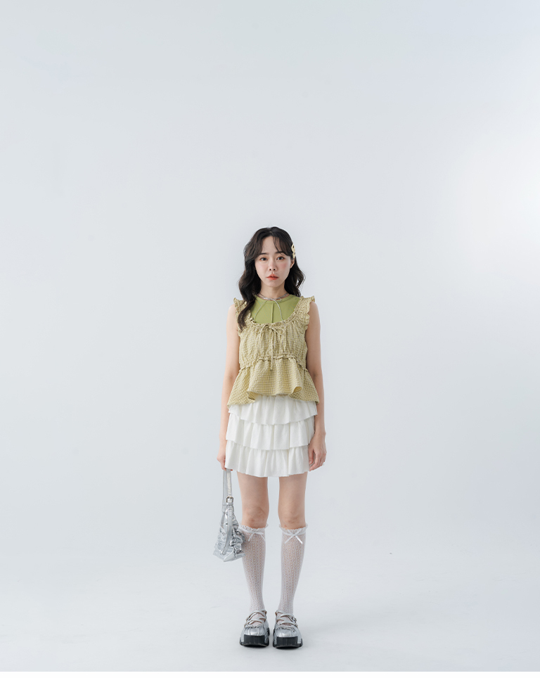 Checkered ruffled tie-up blouse vest - green【01099802】in stock+pre-order