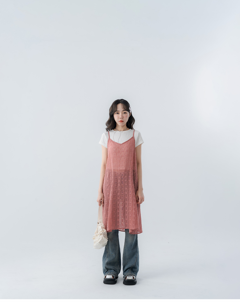 Lace jacquard sequined sheer spaghetti strap cover-up vest - pink【01099838】in stock+pre-order