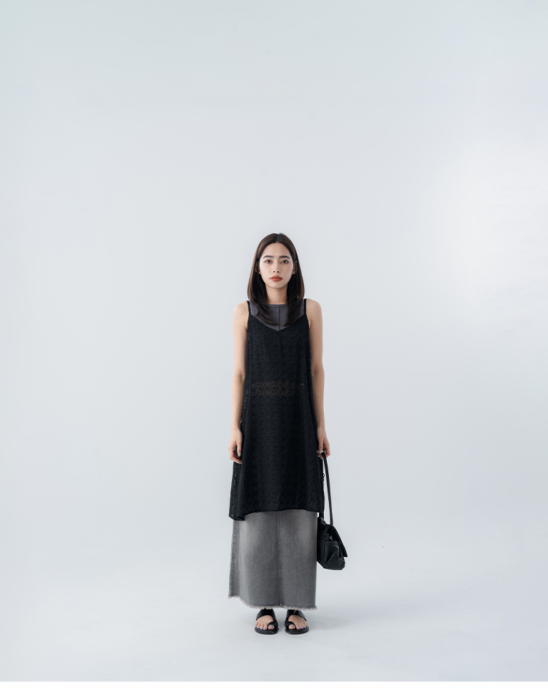 Lace jacquard sequined sheer spaghetti strap cover-up vest - black【01099839】in stock+pre-order