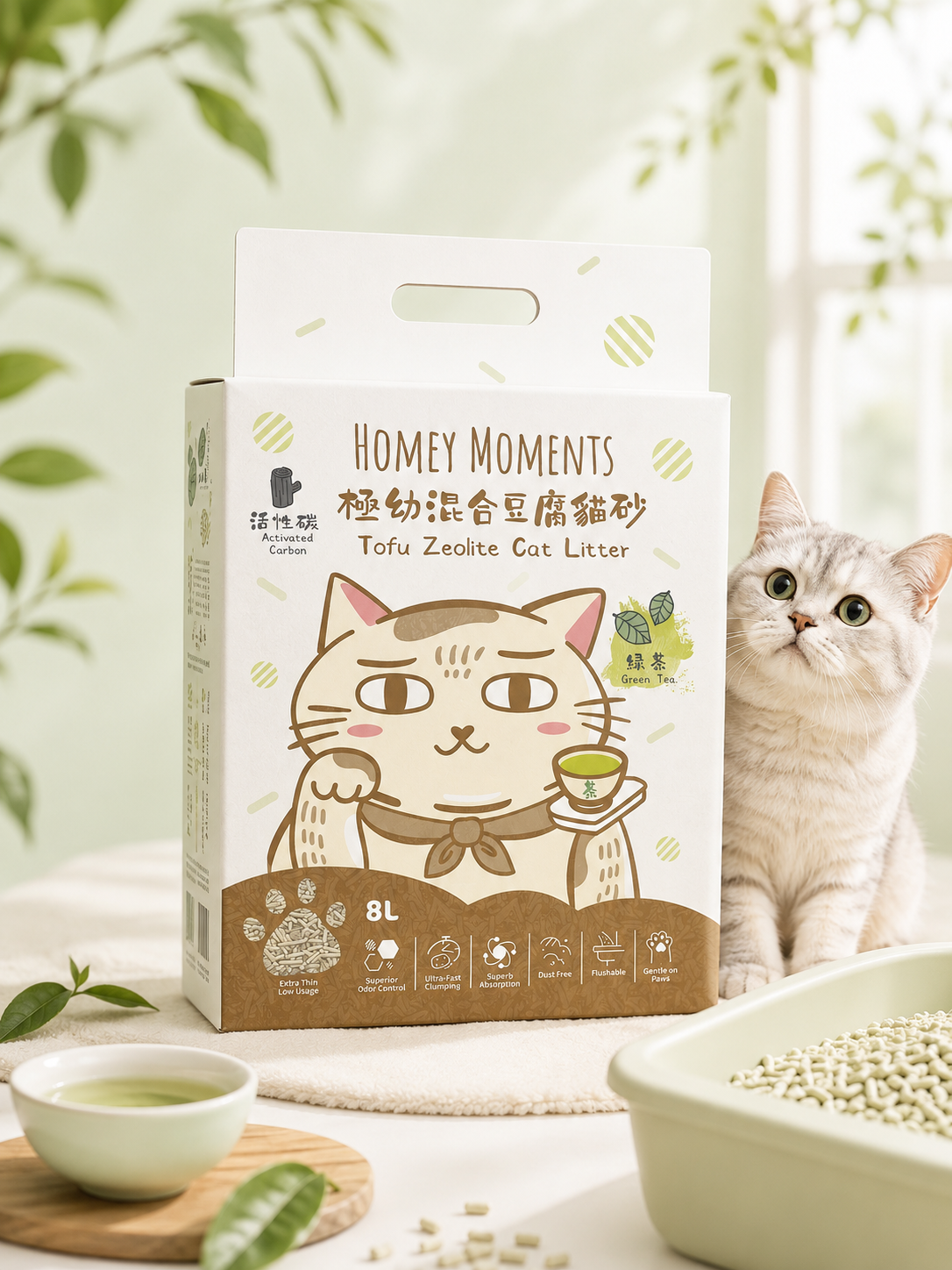 Homey Moments 綠茶活性碳極幼混合豆腐貓砂 (8L)