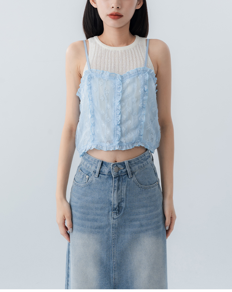 3D ruffled jacquard sheer short-sleeved cover-up vest, available in three colors【01099891】in stock+pre-order