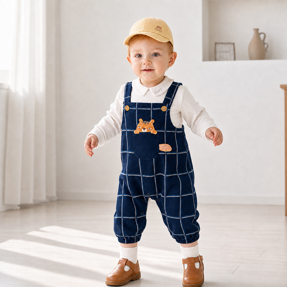 PIPPY 小松鼠刺繡格紋吊帶褲三件式禮盒 藍