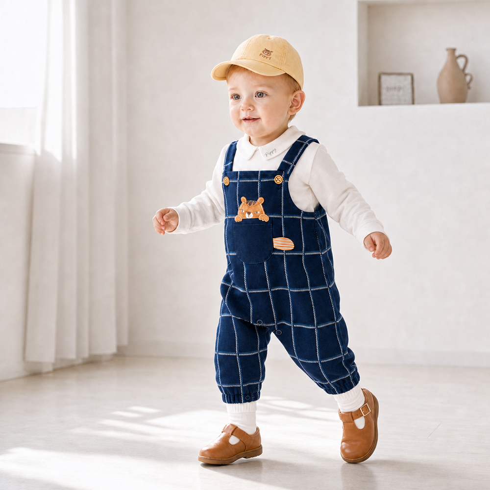 PIPPY 小松鼠刺繡格紋吊帶褲三件式禮盒 藍
