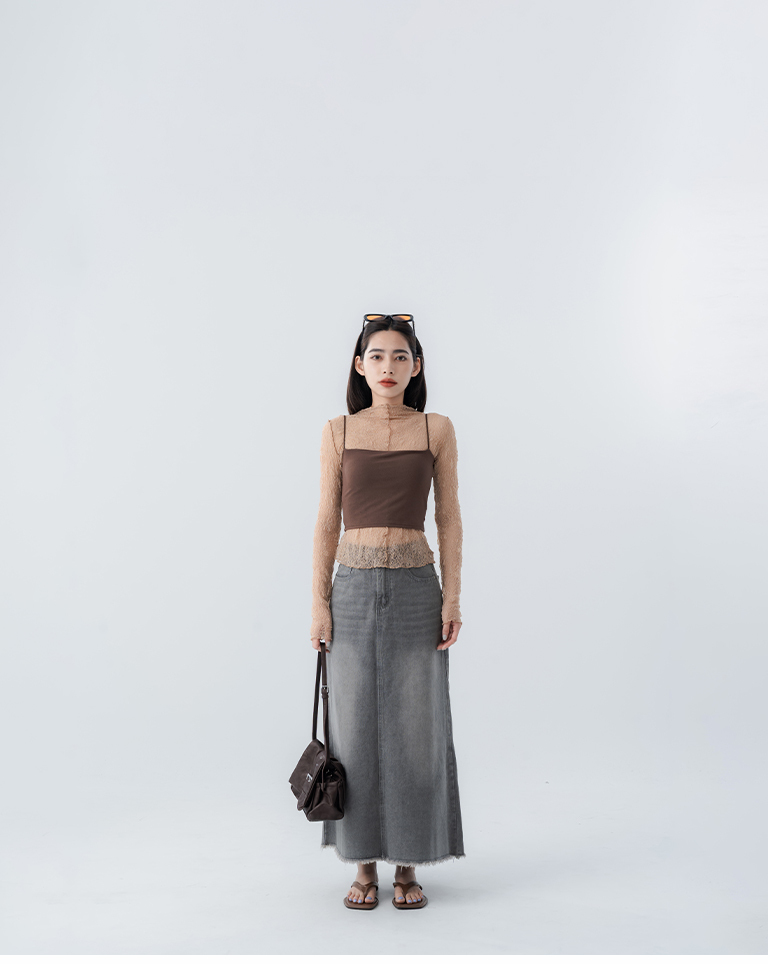 Lace-trimmed, ruffled, sheer long-sleeved turtleneck top【01099915】in stock+pre-order