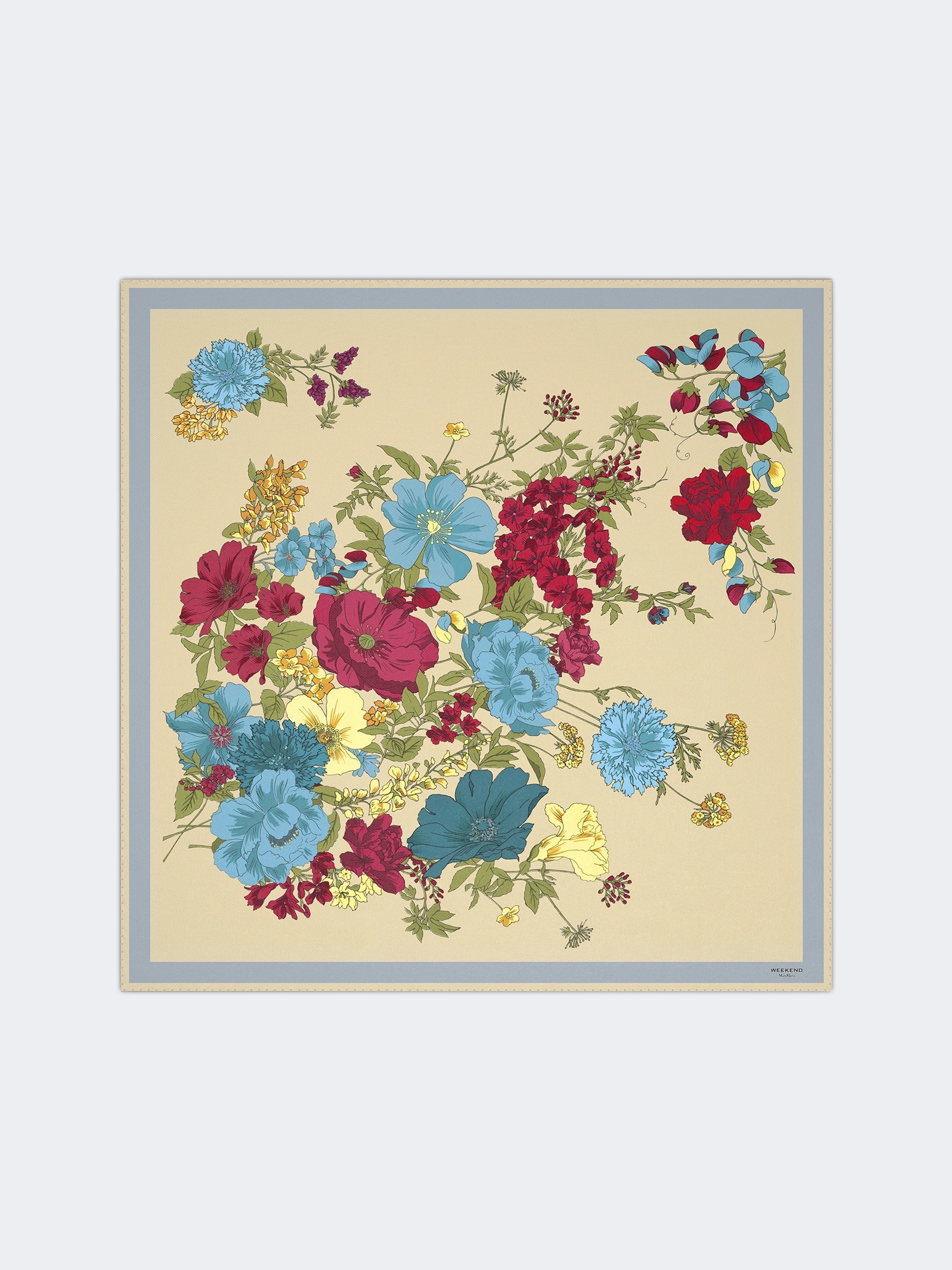 Max Mara 霧藍系富貴花卉絲巾 (附絲巾釦)