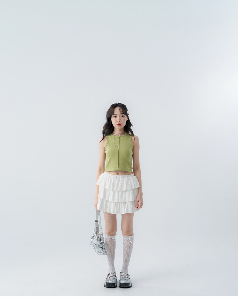 Short-sleeved vest with front center pleats - Green S/M【01150486】in stock+pre-order