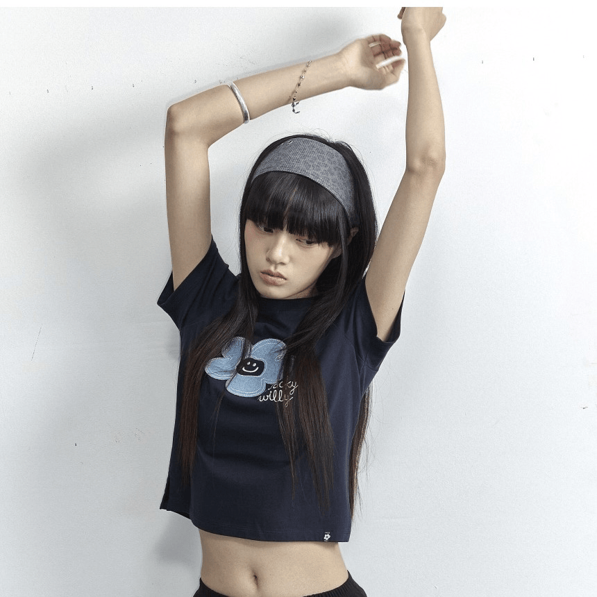 TOP 2熱賣✨入code 3件再減-$100⚡️ Wacky WiLLy｜Women's Lilly Appliqué Semi-Cropped Short Sleeve T-Shirt [5 colors] WW132
