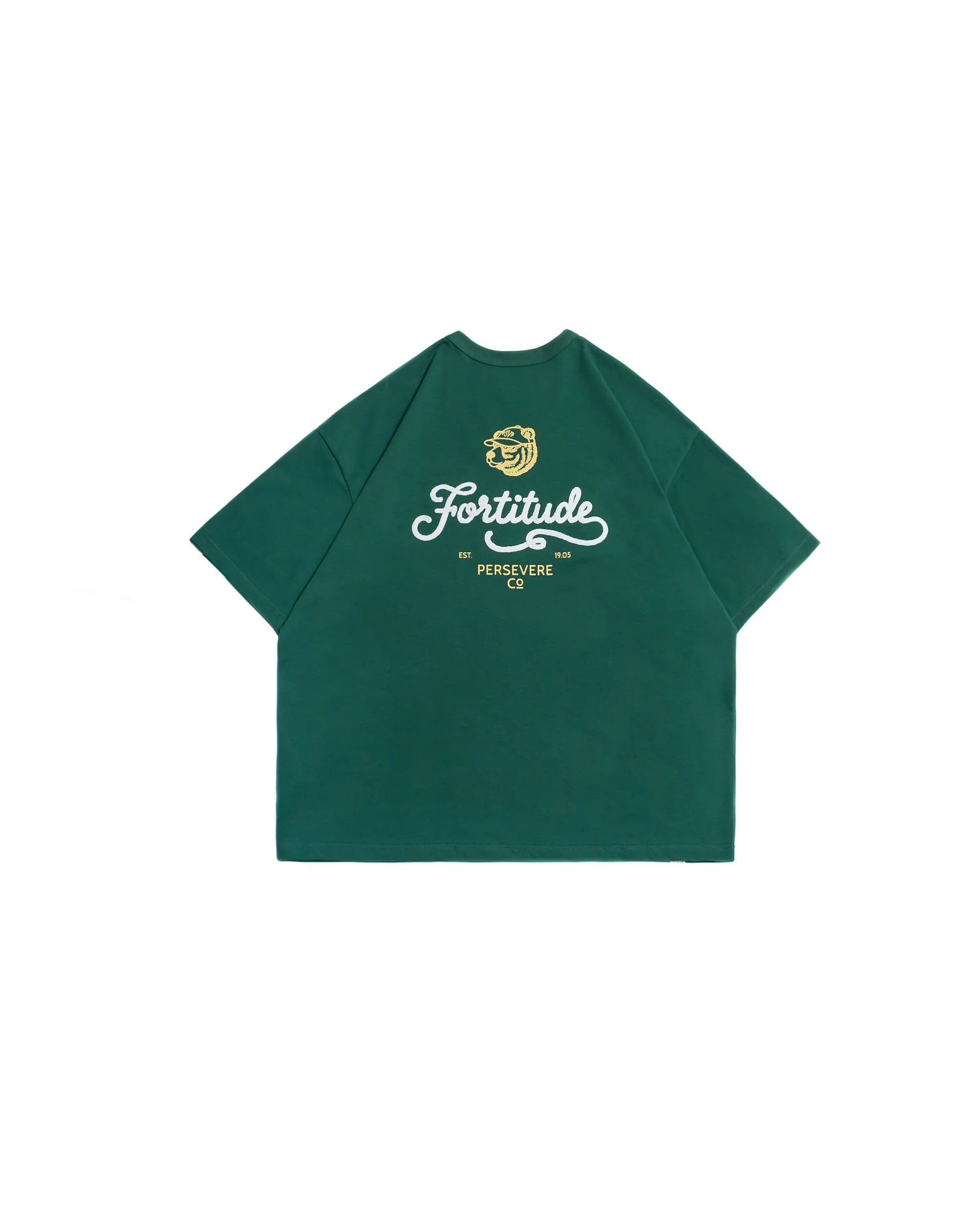 PERSEVERE CHAIN-STITCH EMBROIDERED LETTERING T-SHIRT- FOREST GREEN