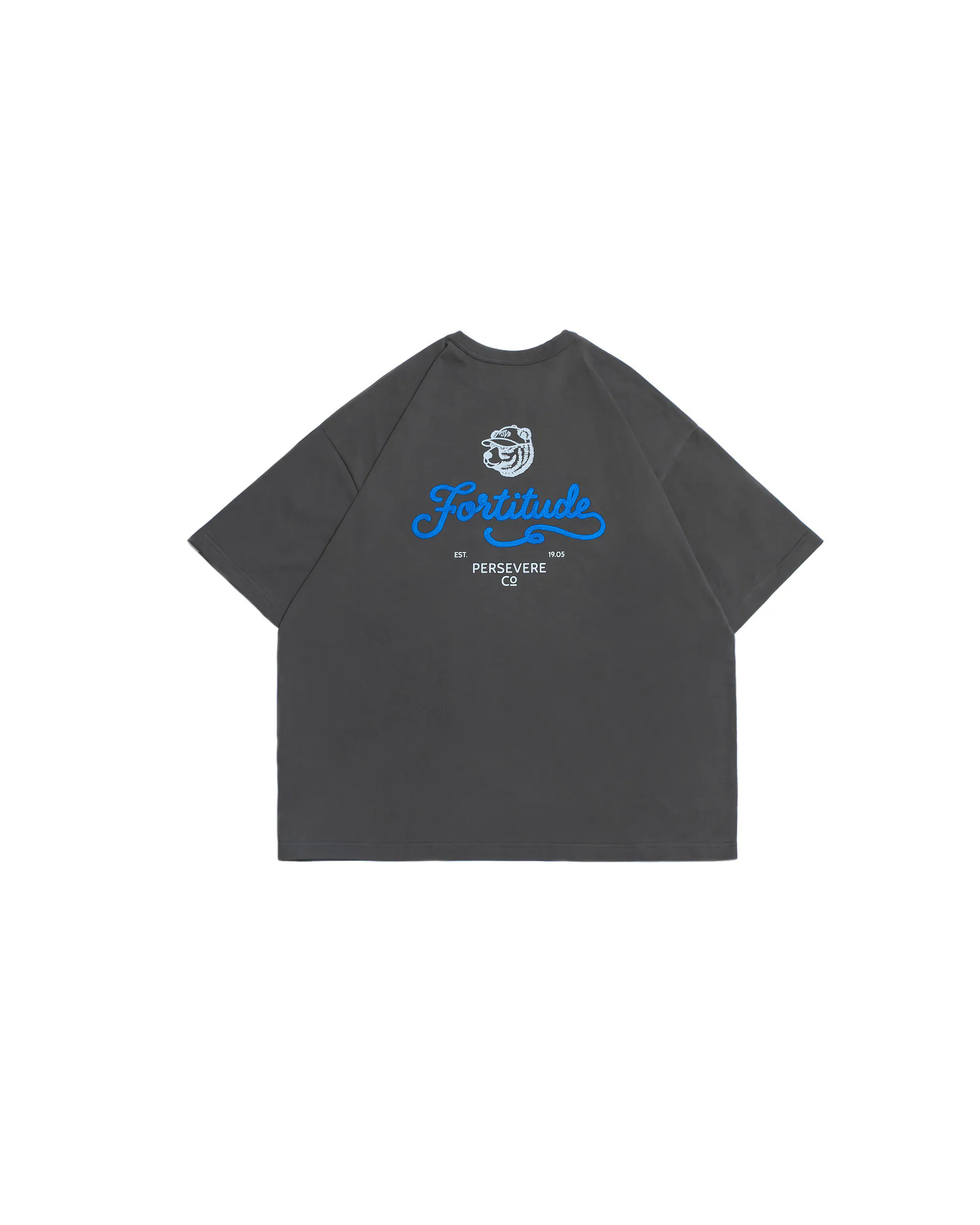 PERSEVERE CHAIN-STITCH EMBROIDERED LETTERING T-SHIRT- CHARCOAL GREY