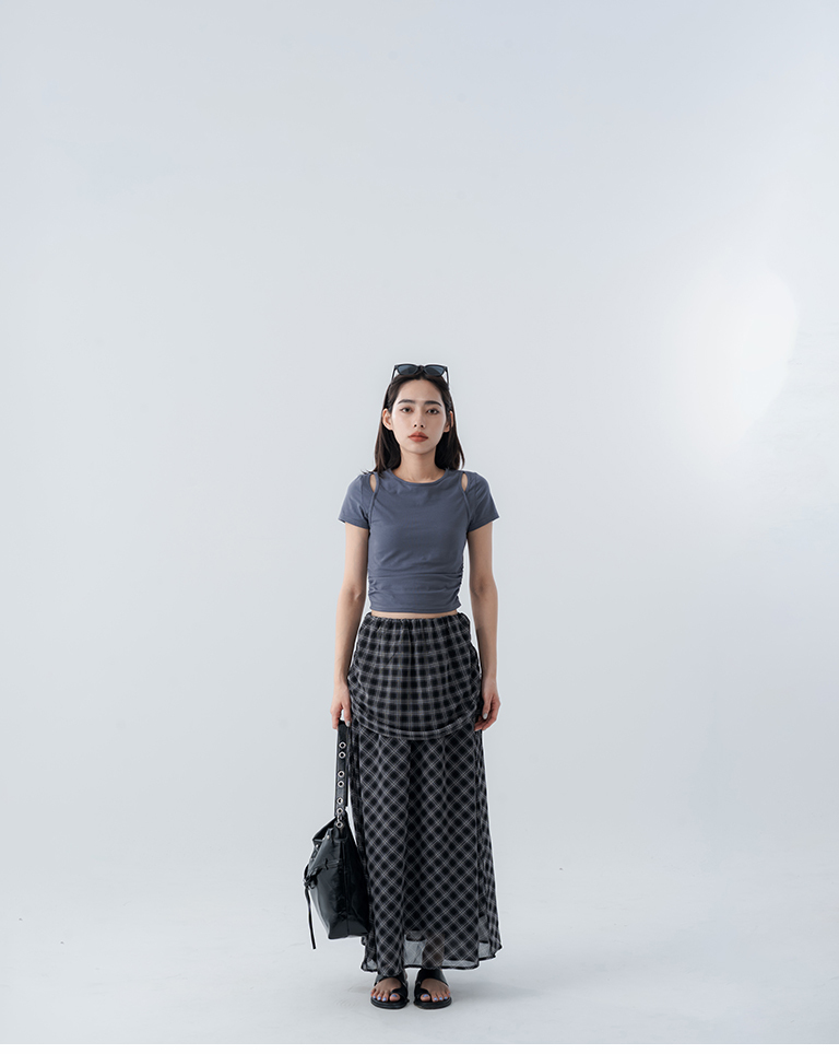 Plaid ruched double-layered faux two-piece tie-up long skirt【03021781】in stock+pre-order