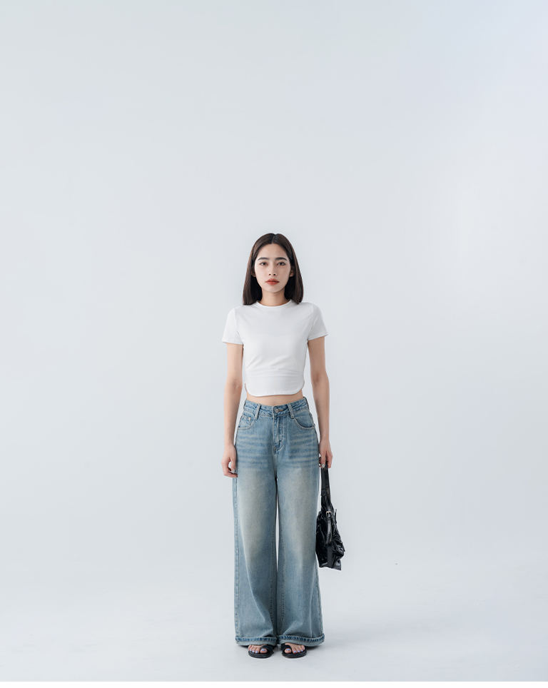 Casual fold-over design washed wide-leg jeans S/M/L【04011888】in stock+pre-order