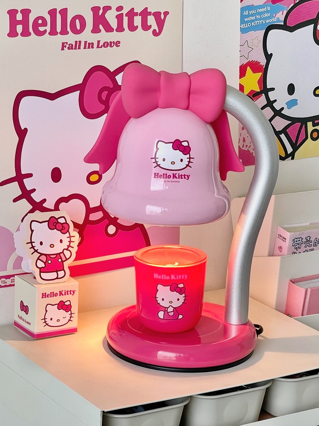 正版授權 SANRIO 三麗鷗 HELLO KITTY 聯名 幸運鈴造型融蠟燈 粉色 蝴蝶結 禮盒套裝