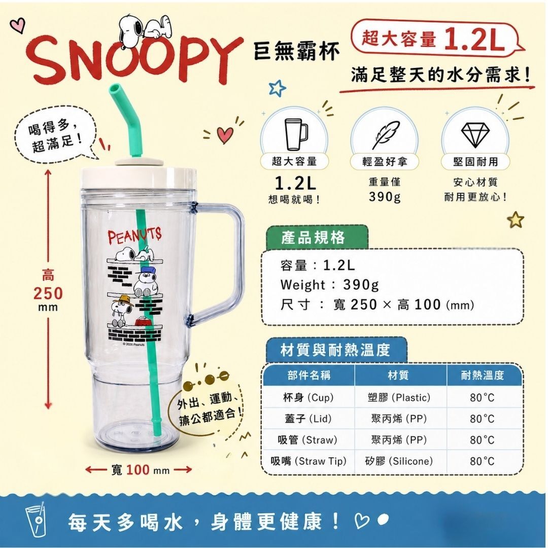 史努比|吸管杯 巨無霸杯 大容量1.2L
