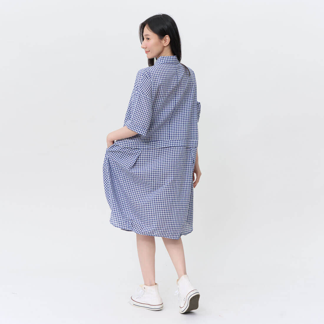 Nancy 寬版開襟口袋棉質洋裝/小藍格