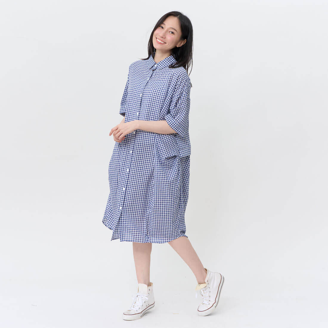 Nancy 寬版開襟口袋棉質洋裝/小藍格