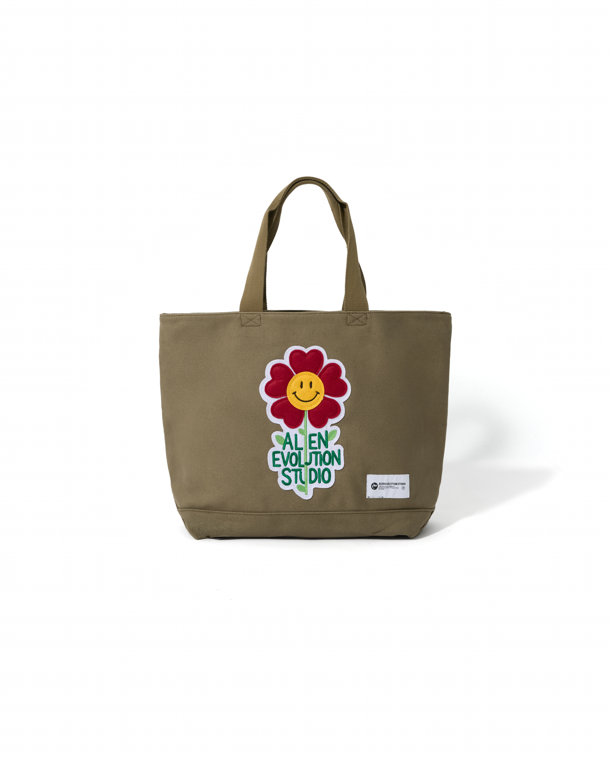 AES SMILE LOVE HEART FLOWER FELT PATCH WASHED CANVAS TOTE