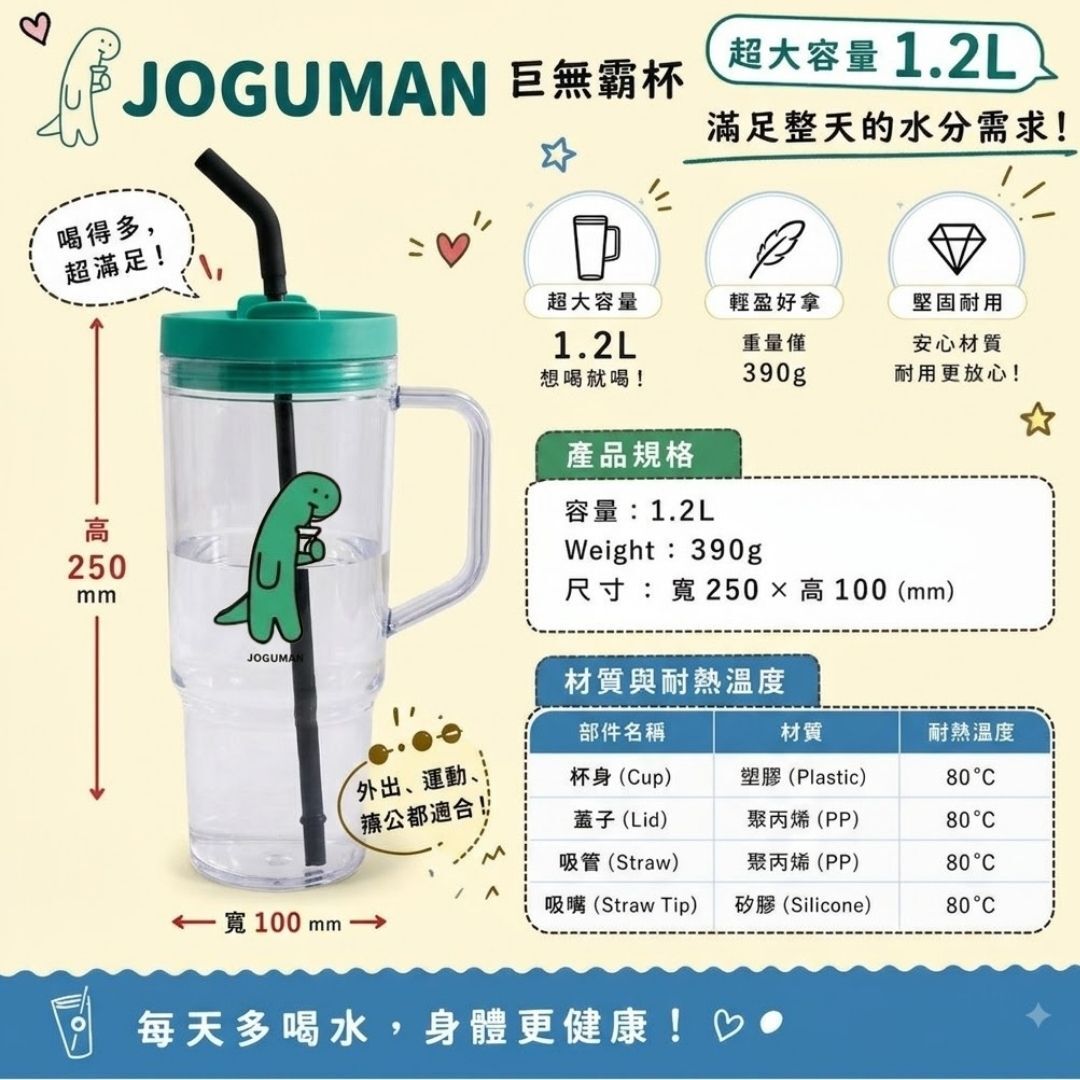 Joguman 療癒系恐龍吸管杯 巨無霸杯 大容量1.2L