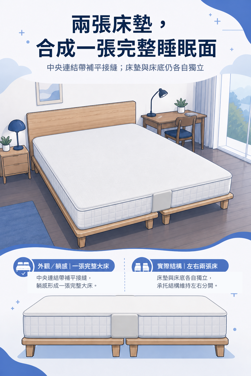 兩張獨立床墊併成一張大床 中間填縫處理並加鋪可拆式薄墊的合併床結構