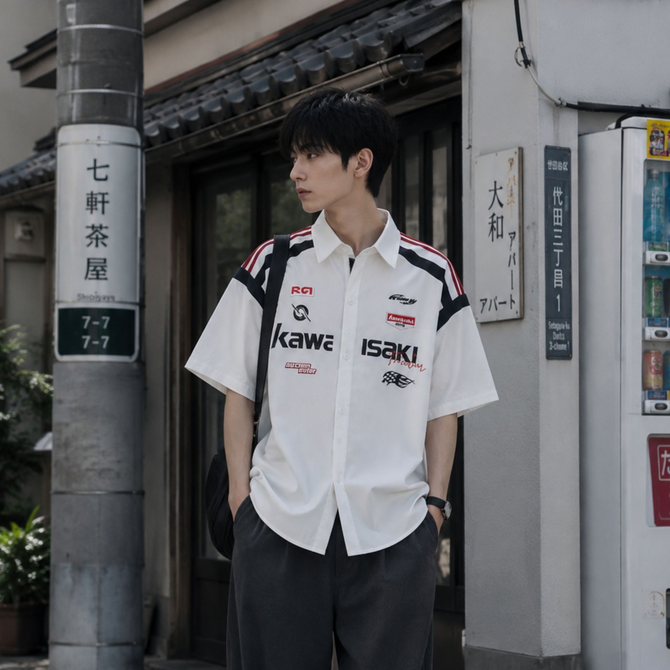 NICEDAY 代購 服飾 Kawasaki 川崎 上衣 衣服 襯衫 短袖 賽車 復古 撞色 拼接 寬鬆休閒