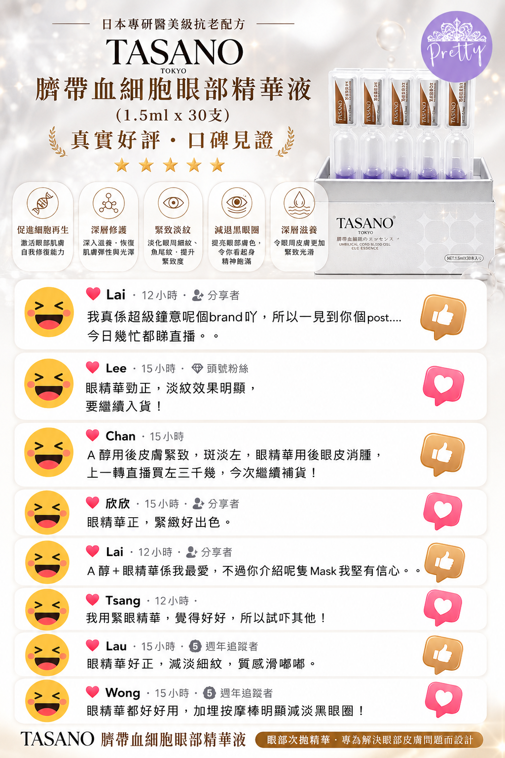 UR38 TASANO臍帶血細胞眼部精華液 (1.5ml x 30支) "原價 $590" 特價$288/1 2件以上$270/1 EXP:2027年12月 "買2盒 送 6 盒TASANO  臍帶血細胞眼部精華液1盒 (1.5ml x 5支) "