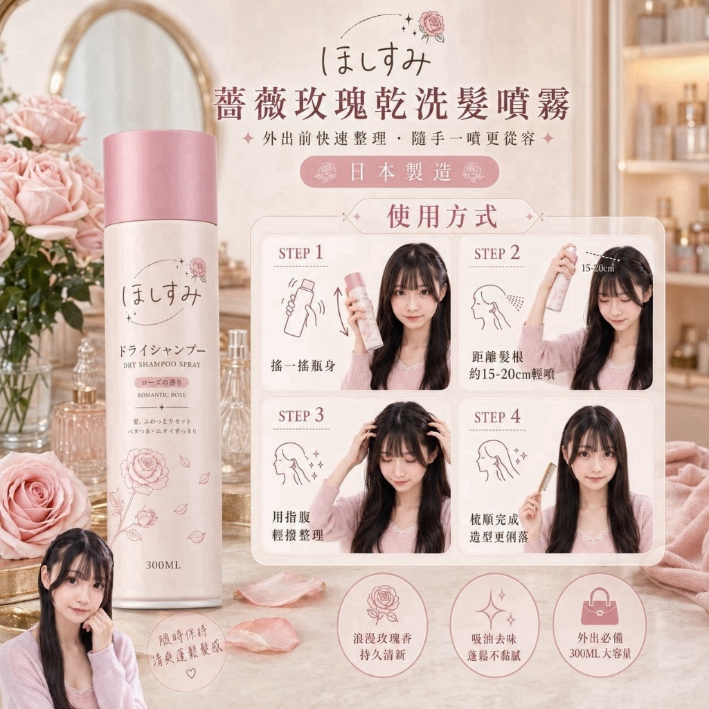 WSBB12512  日本製- ほしすみ 薔葳玫瑰乾洗髮噴霧 300ML（10月上旬）