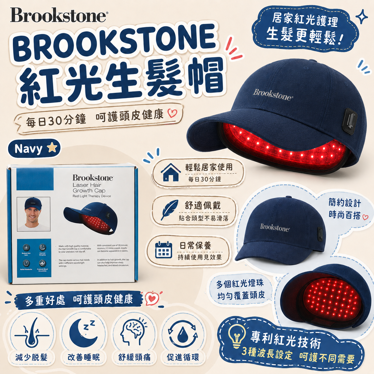 【預購】BROOKSTONE H081351 頭髮生長帽 (深藍色)