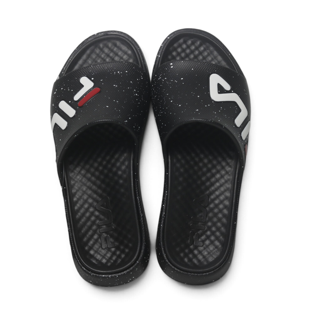 FILA 拖鞋 潑墨 大LOGO 足弓支撐 防水 厚底 黑色  運動拖鞋 男女 4S351A000