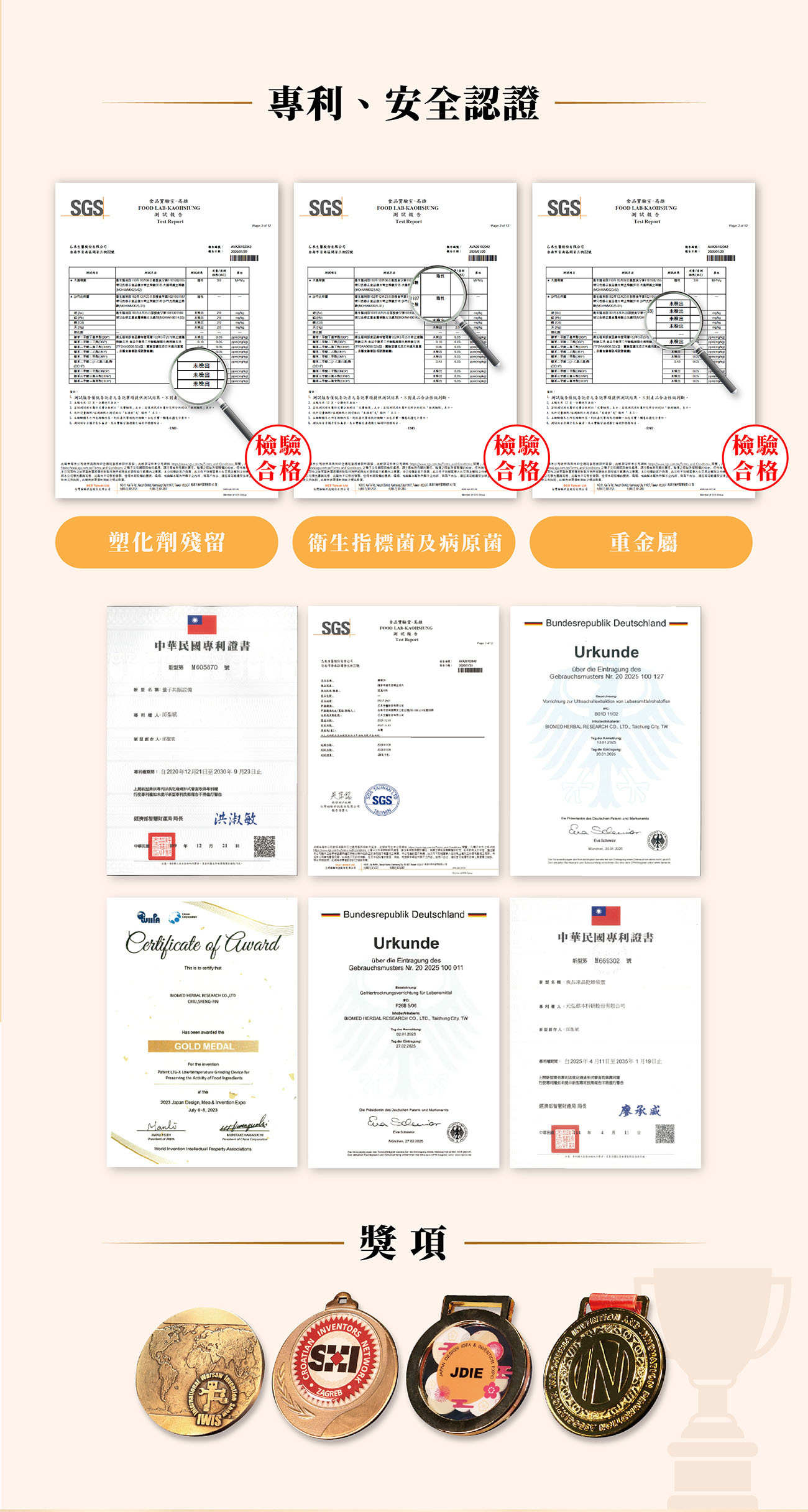 乙禾生醫品質保證,優精沛通過 SGS 嚴選無重金屬與農藥殘留,並榮獲多項國際發明展金牌獎項及中華民國專利證書,讓您安心食用。