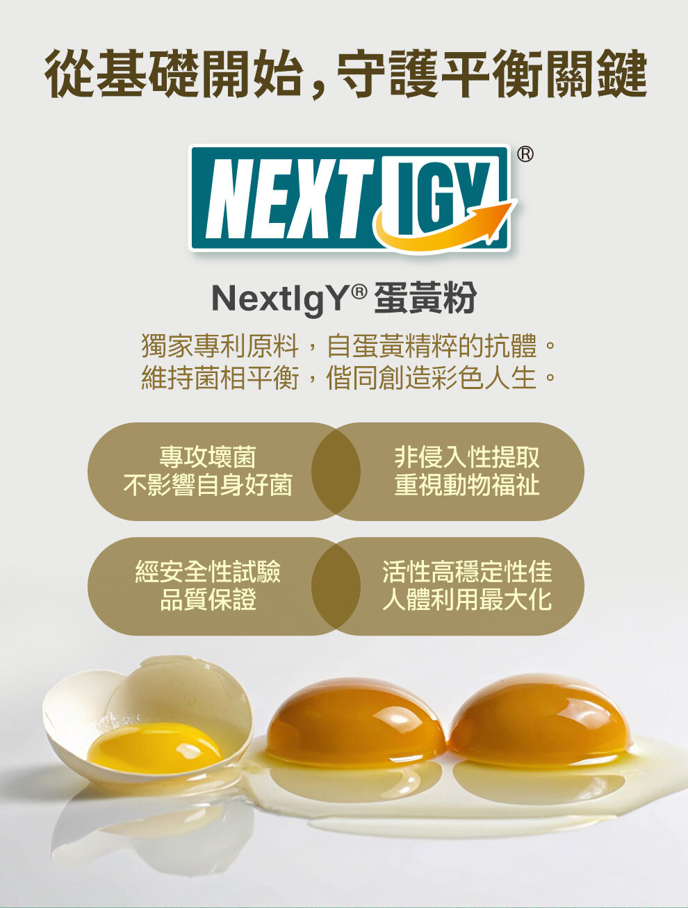 瞬世清有添加Next IgY，幫助好菌自然生長，有效平衡腸道菌相
