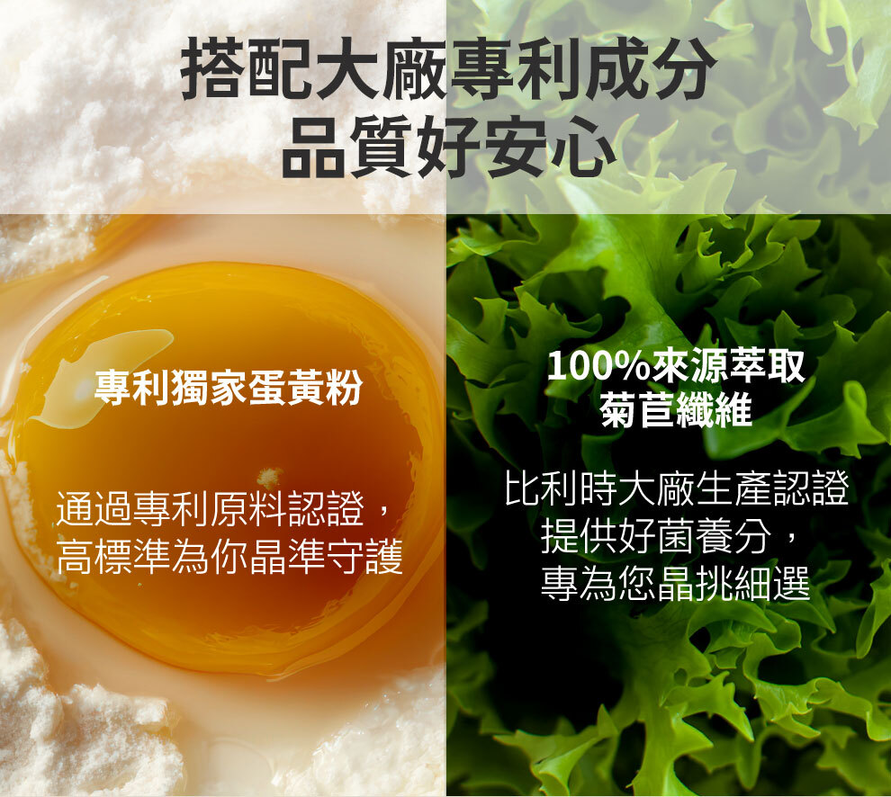搭配大廠專利成分，Next igY蛋黃粉，比利時大廠100%菊苣纖維提供好菌養分