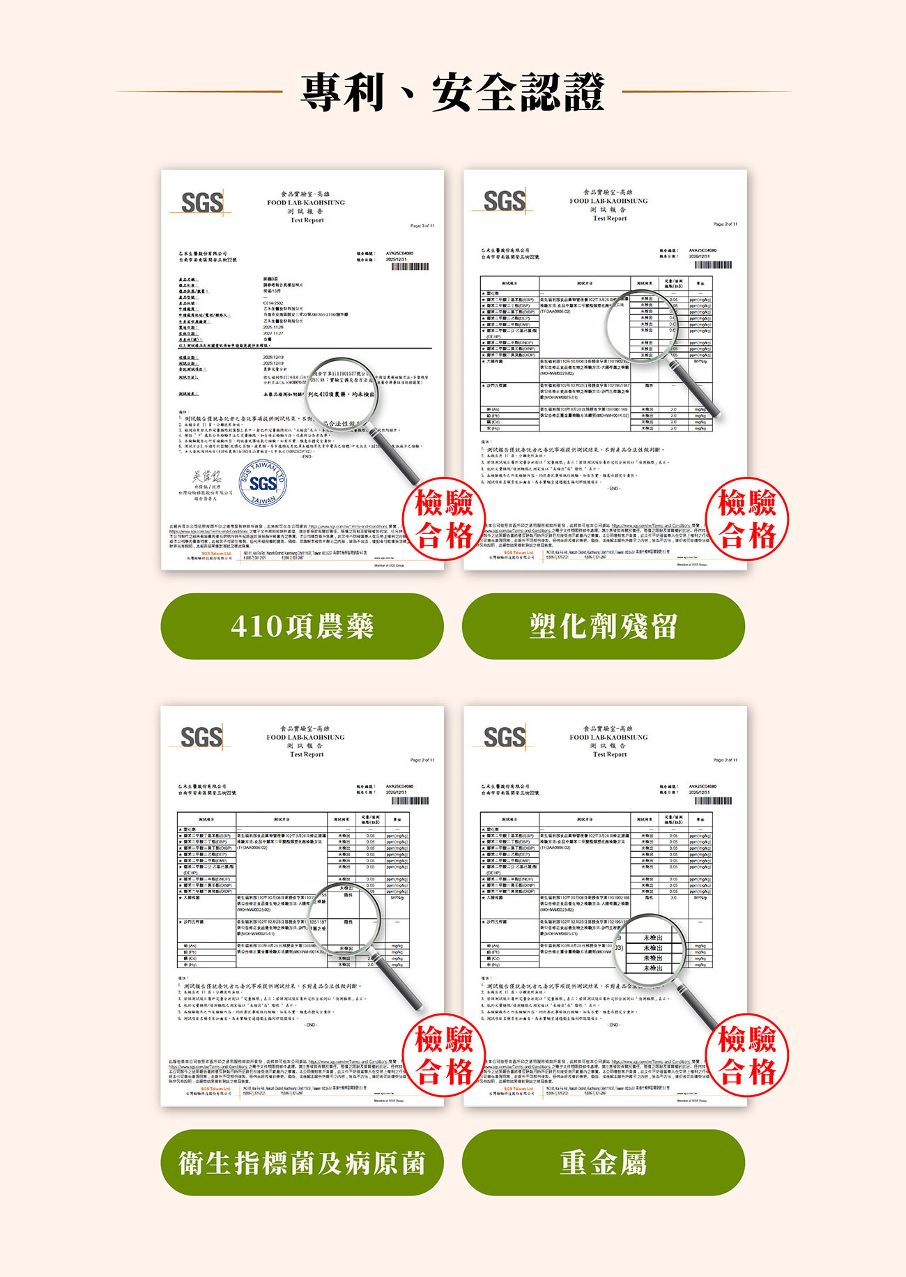 開機B群保健食品專利與安全認證：SGS檢驗合格，無410項農藥、塑化劑、病原菌及重金屬殘留