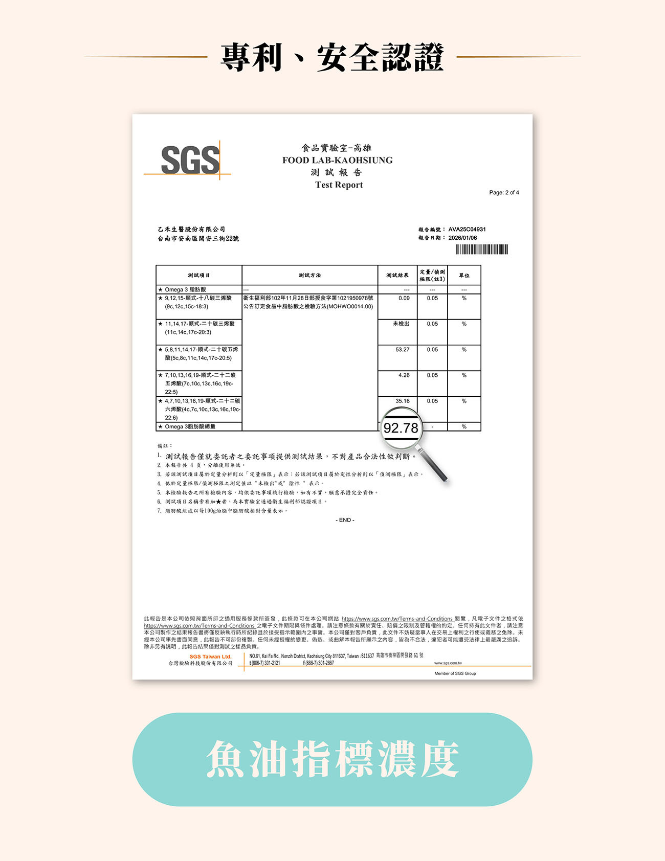 魚油專利與安全認證:SGS檢驗合格報告,Omega-3指標濃度高達92.78%