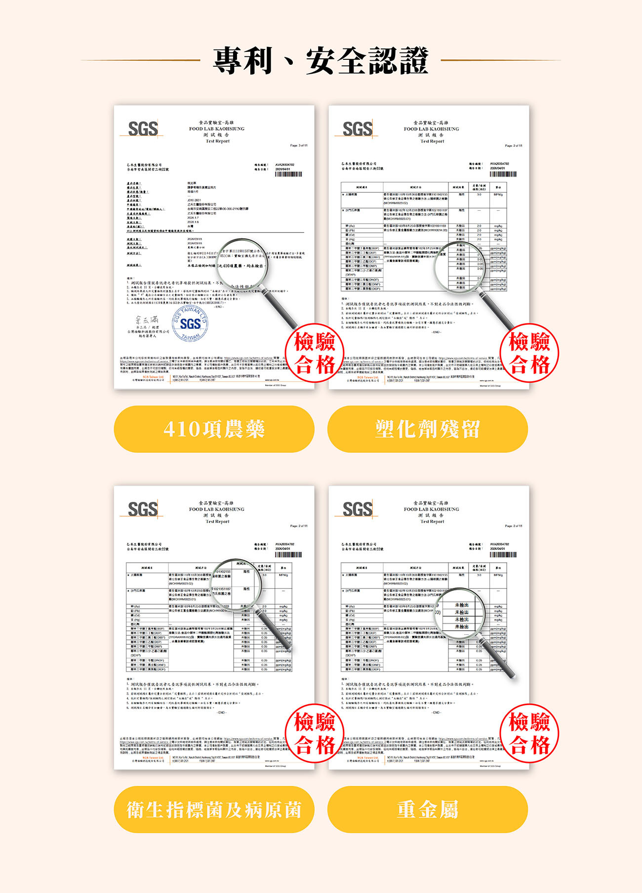 視光萃護眼葉黃素果凍專利與安全認證：SGS檢驗合格，無410項農藥、塑化劑、病原菌及重金屬殘留