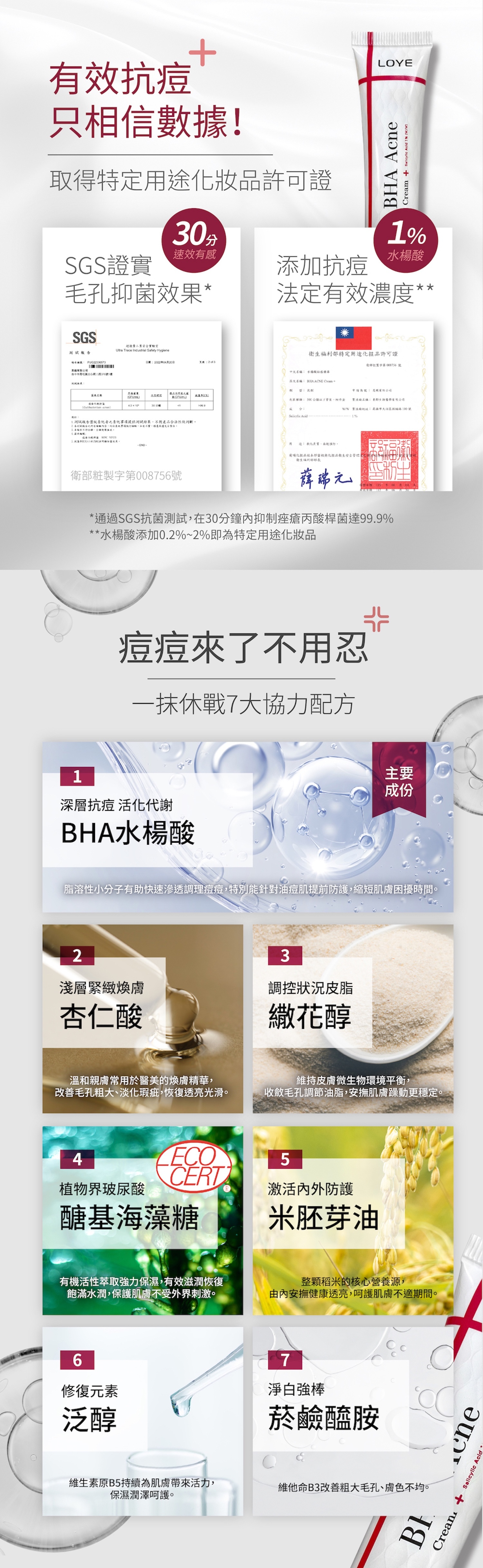 科學煥膚實力1%水楊酸守護痘肌的最佳首選 科研淨痘精華優先通過台灣與歐盟化妝品最高規格PIF認證,符合國際標準的科學實證檔案,具備完整第三方30分鐘達99.9%抗菌實驗報告。特別添加有機醣基海藻糖,加強油痘肌控油平衡改善毛孔粗大,擦完保濕不緊繃、不起白屑好上妝,從大紅痘變小顆粒到看不見的過程速效有感。