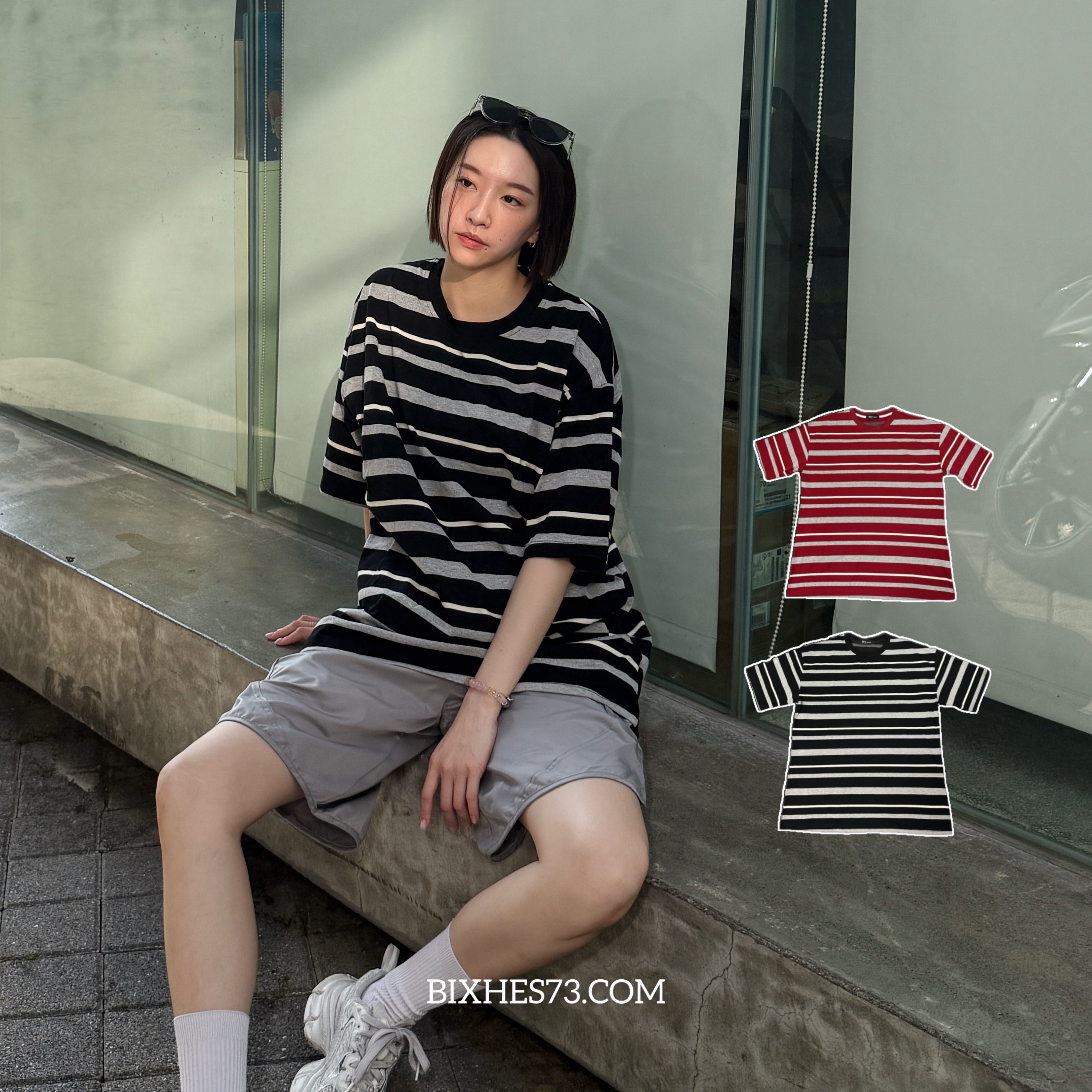 復古經典條紋寬鬆短T(A00064)