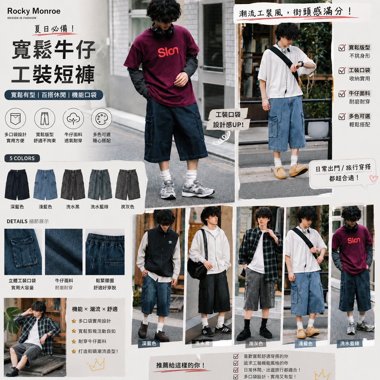 【預購】JM081303 Rocky Monroe 寬鬆牛仔工裝短褲