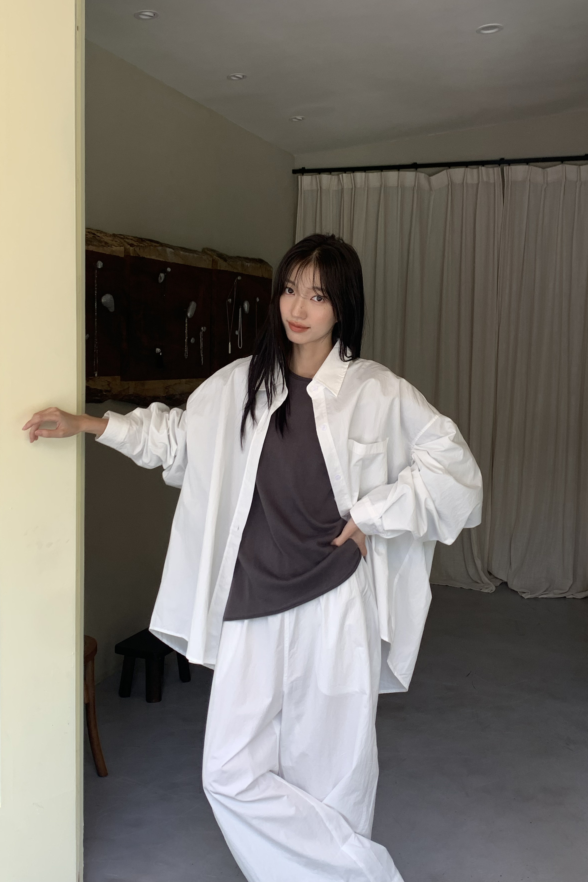 寬鬆素面長袖襯衫 3色