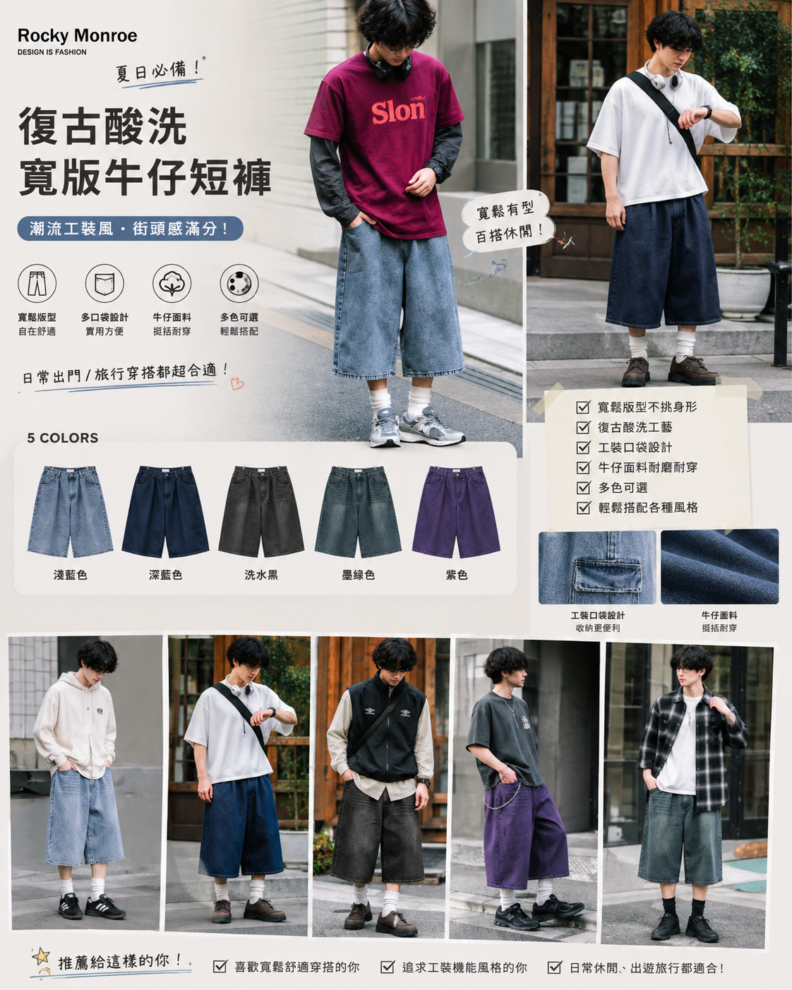 【預購】JM081304 Rocky Monroe 復古酸洗寬版牛仔短褲