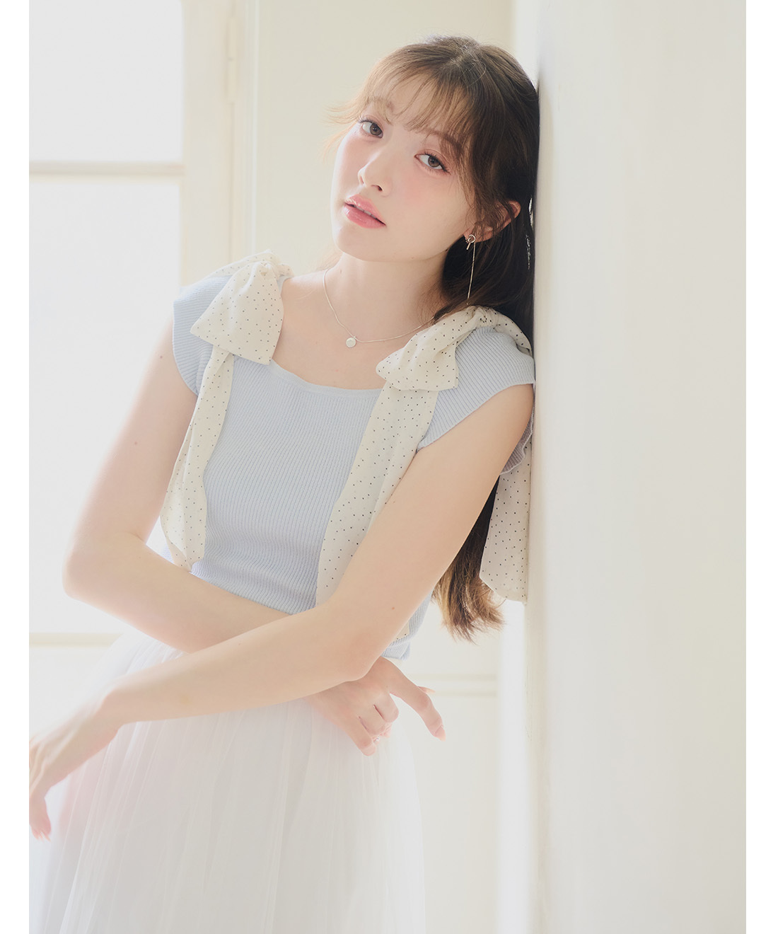 [預購]LILLIAN CARAT圓點蝴蝶結肩帶針織上衣