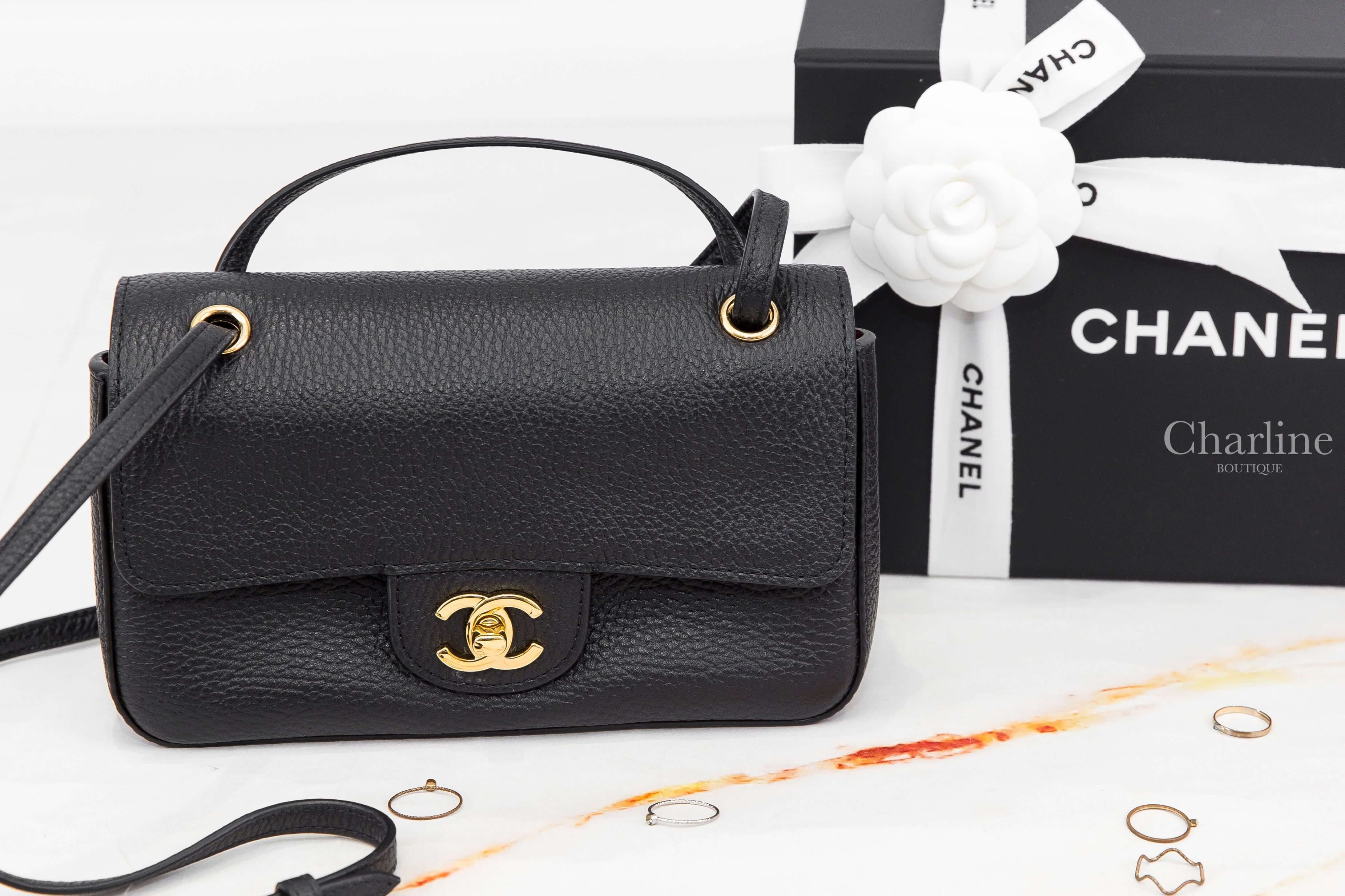 Chanel Mini Flap Bag 黑色金CC迷你20cm荔枝小牛皮酒紅內裡手提肩背包