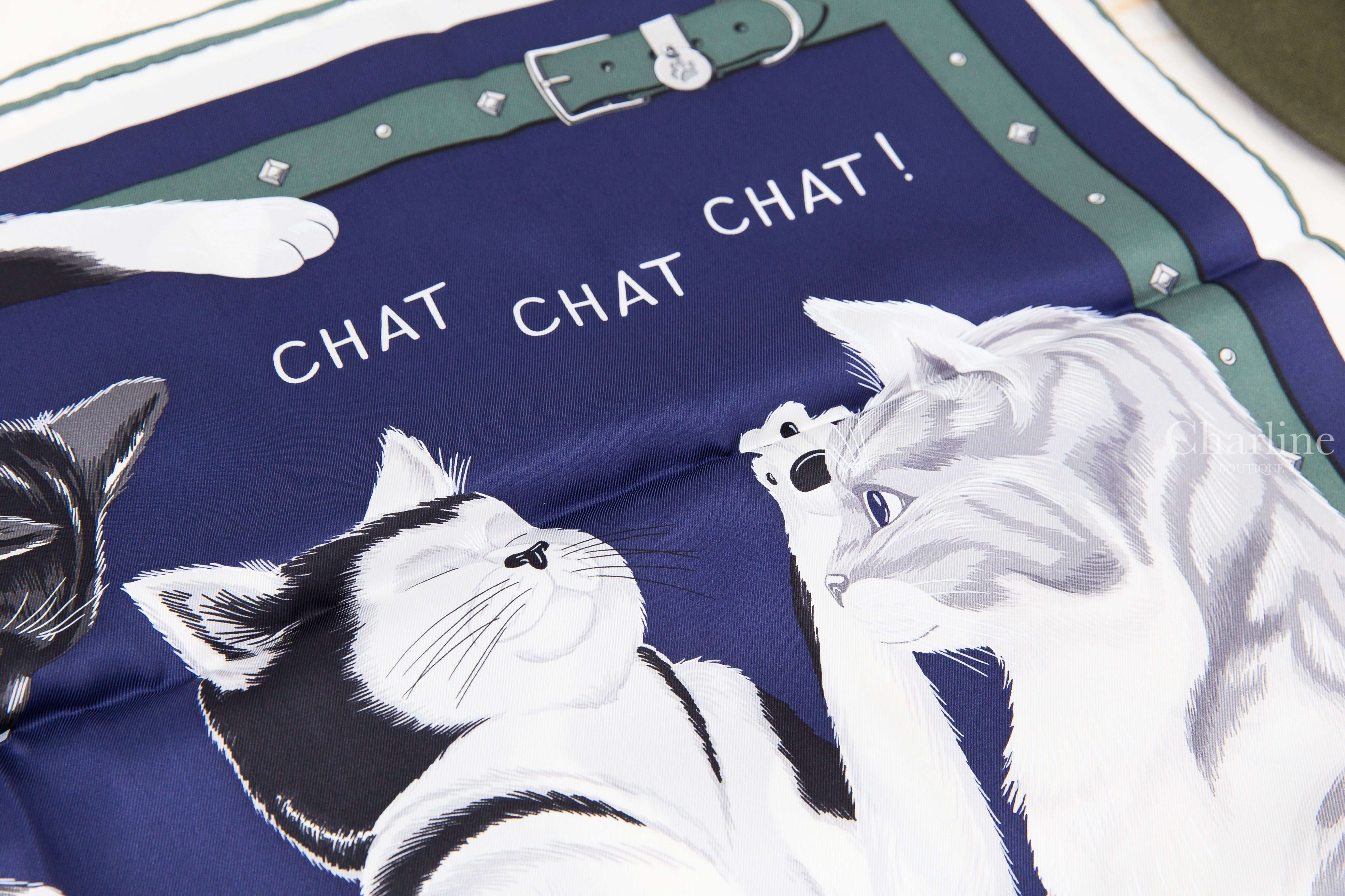 Hermès Chat Chat Chat Scarf 70 藏青色/黑色/灰色玩耍貓咪真絲方巾