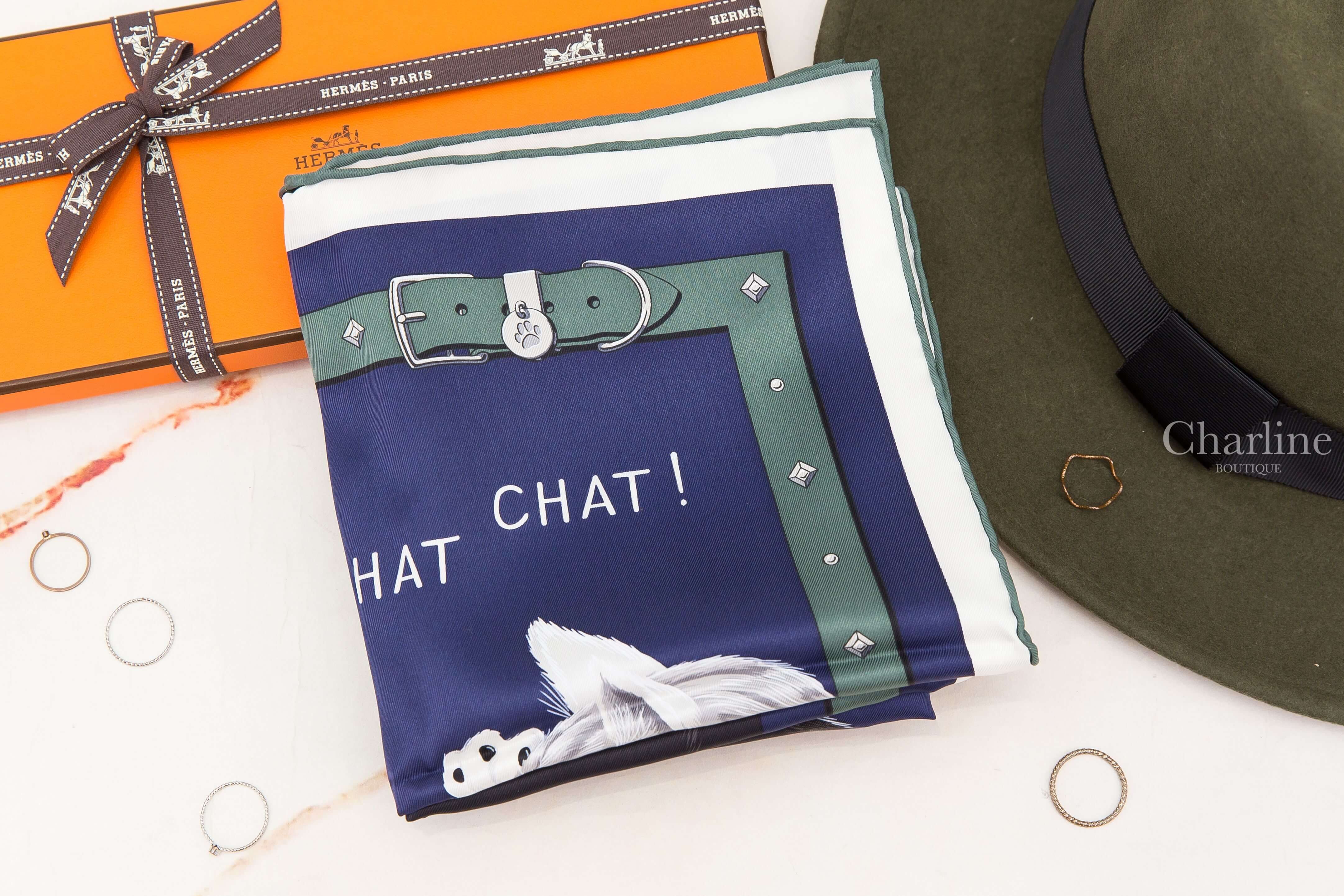 Hermès Chat Chat Chat Scarf 70 藏青色/黑色/灰色玩耍貓咪真絲方巾-Charline Boutique 精品代購