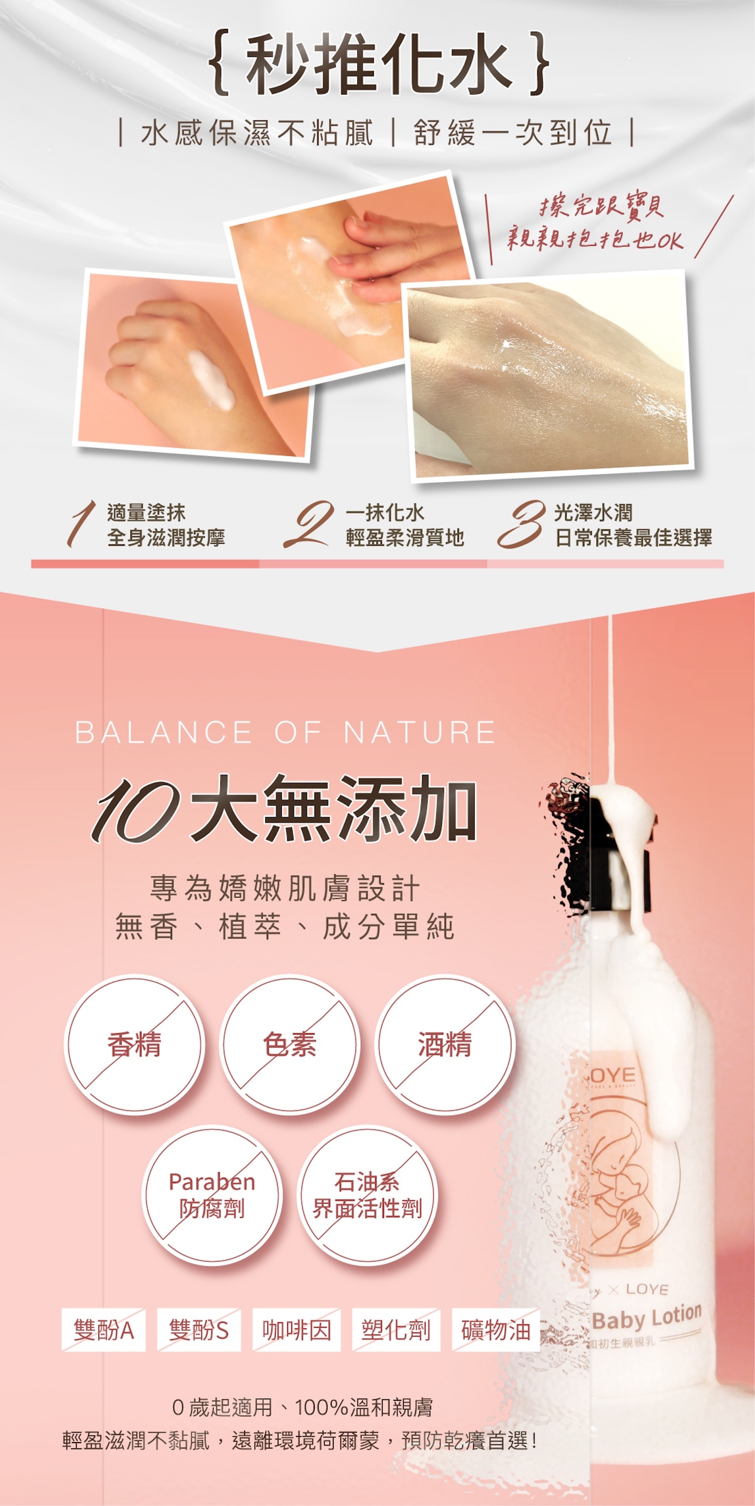 成分單純10大無添加！請放心把全家肌膚交給它 針對易敏、異膚細心呵護不含香精、色素、酒精、Paraben防腐劑、礦物油、石油系界面活性劑、塑化劑、雙酚A、雙酚S、咖啡因，質地柔滑親膚完全不黏膩好吸收，適合體溫高容易流汗的寶寶擦完不悶熱、不長熱疹，擦完立刻穿衣、爬行抓玩都完全不黏膩。